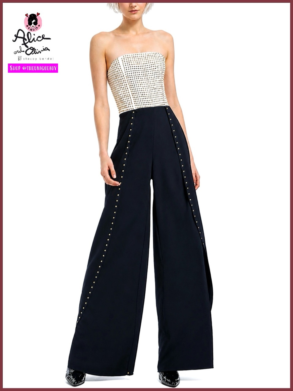 Alice + Olivia Angelica Studded Embellished Off White Black Bustier Jumpsuit